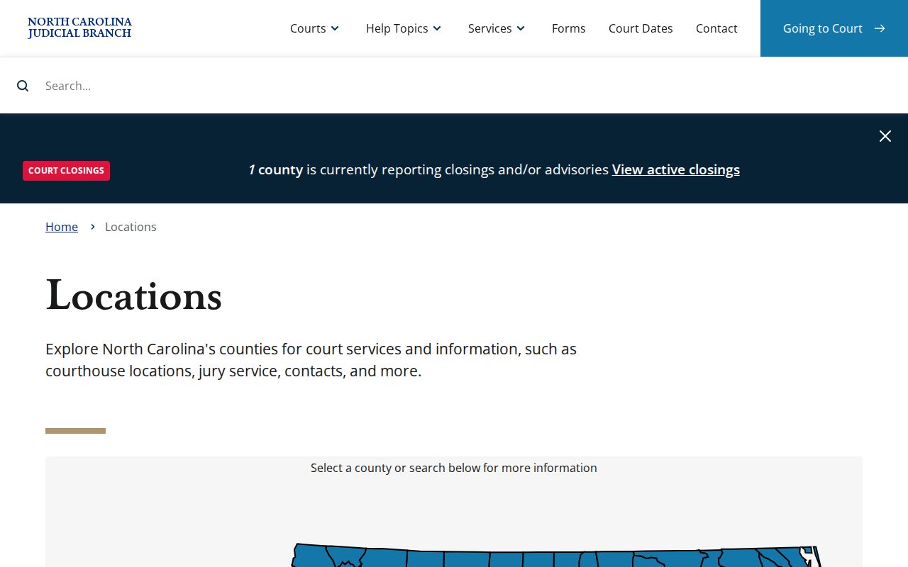 North Carolina resident lookup county courthouse map for locating a Clerk of Court