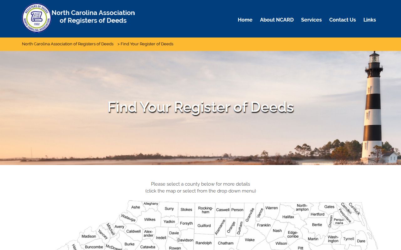 North Carolina residents directory reference to the NCARD county Register of Deeds selector
