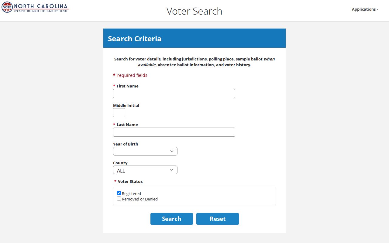 North Carolina resident lookup voter search form with name, birth-year, county, and status choices